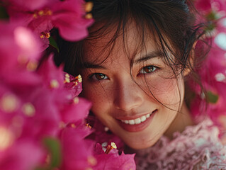 woman wearing a flowing, floral-patterned pink dress, standing against a blue sky with the sun shining brightly in the background.