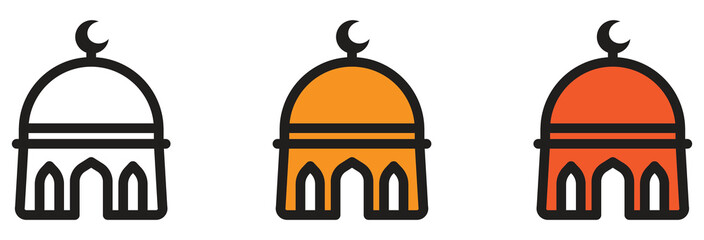 Minimalist mosque icon design featuring a crescent moon dome in outline and color variations © MOHAMMADSHARIFUL