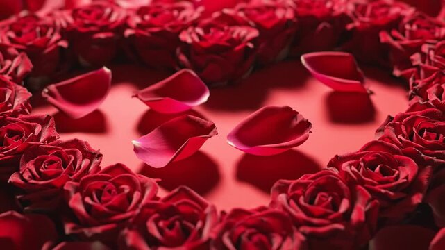 Red rose petals falling onto a heart shape border made of dark red roses on a soft red background for romance and love concept