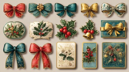 Retro vintage Christmas sticker set for holiday crafts with bows, ribbons, and decorative shapes for scrapbook projects and collages