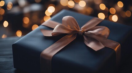 Wrapped gift box with ribbon and bokeh