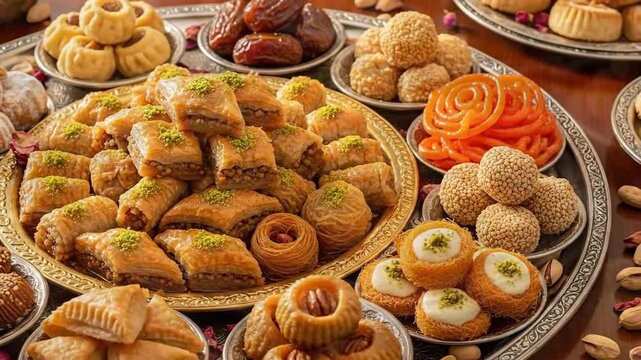 Assortment of Middle Eastern sweets arranged on decorative plates for a celebratory occasion.