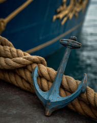 AI generator images of  An anchor resting on the rocks near the shore. rusty anchor in the image is a symbol representing maritime history, strength, and stability.