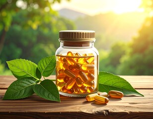 A jar of yellow capsules and leaves on a wooden table. Background is a forest