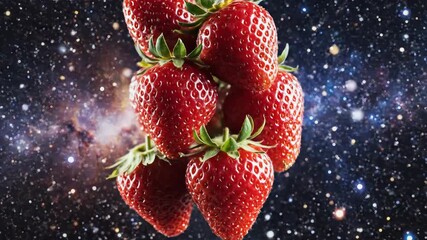 Vibrant red strawberries with fresh green leaves float gracefully in the vast starfilled expanse of the cosmos creating a surreal and captivating visual juxtaposition of fresh fruit against a deep sp.