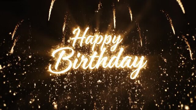 Golden happy birthday greeting with bright sparkling firework fountain explosion against a dark night sky background