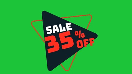 35 percent off sale badge animation on green screen, modern triangular label with bold text, clean promotional graphic for ads and marketing