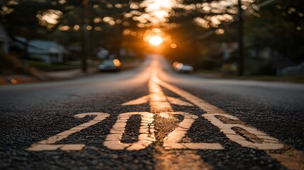 The year 2026 painted on a road leading into a vibrant sunset, symbolizing future goals, aspirations, and the journey ahead for everyone.
