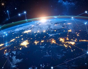 Earth from space with illuminated cities and a network overlay