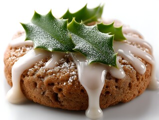A delicious gingerbread cookie with creamy white frosting and decorative green holly leaves sits on a plain bright white surface, festive treat.