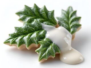 Detailed sugar cookie crafted with festive holly leaf decoration and a smooth white icing, creating a seasonal treat for the holidays.