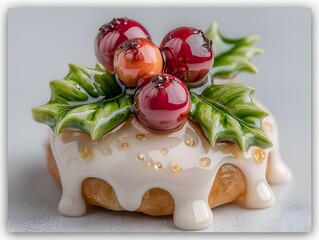 A festive Christmas dessert pastry is adorned with glossy red berries and vibrant green holly leaves dripping with sugary white icing decoration.