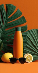 Orange water bottle, sunglasses, and lemons amongst tropical leaves