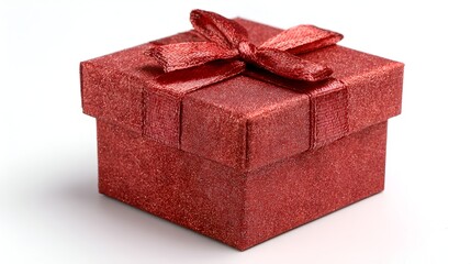 A small, shimme red gift box with a matching ribbon sits on a clean white surface, casting subtle shadows, evoking celebration.