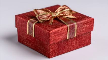 A small, square, glittery red gift box tied with a decorative golden ribbon sits on a bright, neutral surface, suggesting celebration.