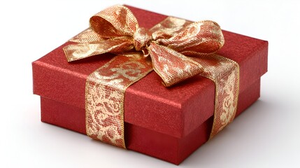A sparkling red gift box tied with ornate gold ribbon is beautifully presented on a white surface for a special celebration or occasion.