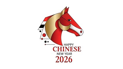 Happy Chinese New Year 2026 with a stylized red and gold horse head illustration.
