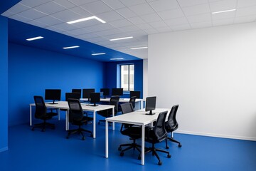 Modern office interior with blue and white color concept, ergonomic chairs, and minimalist desk setup in a contemporary workspace design concept. Ai generative