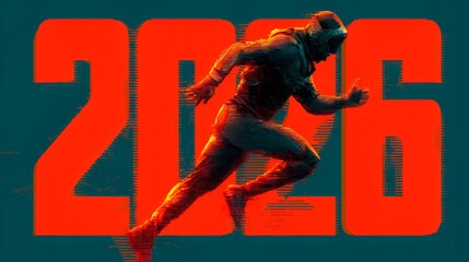 A futuristic runner sprints forward against a backdrop displaying the year 2026 symbolizing speed and the approach of the future ahead now soon.