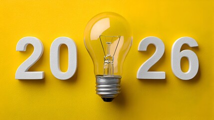 The year 2026 is illuminated with an incandescent light bulb on a bright yellow background indicating creative ideas for the future ahead.