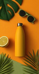 Flat lay of a vibrant yellow water bottle, lemon, sunglasses, and tropical leaves on a contrasting background