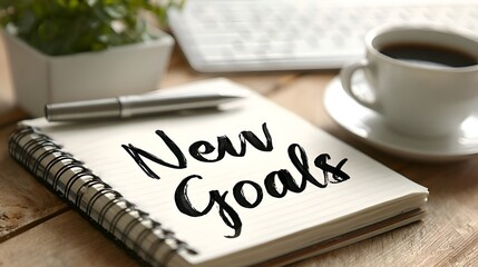 A notebook with "New Goals" written on it sits on a desk with coffee, a pen, and a plant, symbolizing inspiration and planning ahead.