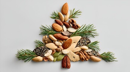 An artful Christmas tree made of various nuts and evergreen twigs creates a festive and healthy holiday season display on white background.