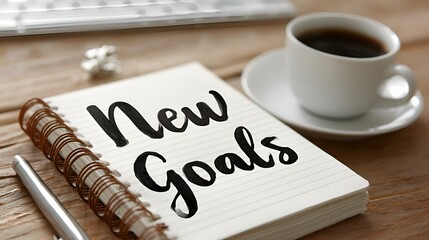 A notepad with the words "New Goals" rests on a wooden desk alongside a cup of coffee and a pen, conveying a sense of aspiration.