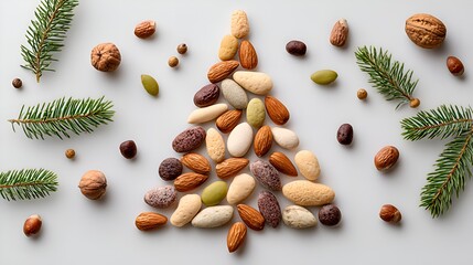 A festive Christmas tree arrangement is artfully created using an assortment of colorful nuts and sprigs of fresh evergreen on a clean white surface.