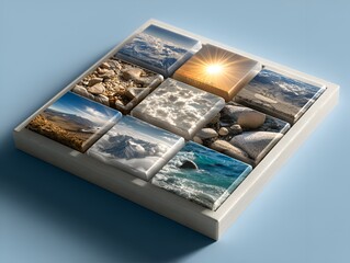 Scenic landscape mosaic displays mountain ranges, sunlit sky, rocky terrains, clouds, and ocean waves in a nine-tile grid on blue background.