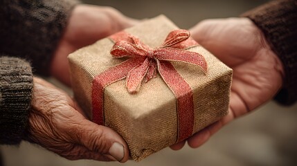 Close up of elderly hands carefully presenting a small wrapped gift adorned with a red ribbon bow offe kindness and generosity now.