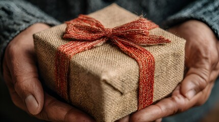 Close-up shows weathered hands carefully holding a burlap-wrapped gift adorned with a festive red ribbon, ready to be given with love.
