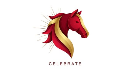 Vibrant Red and Gold Horse Head Logo Design for Celebration.