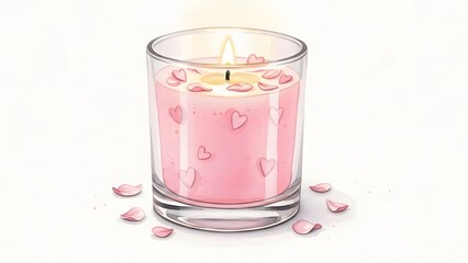 A detailed illustration of a lit pink candle in a glass jar with floating hearts and scattered rose petals.