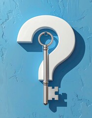 A key resting over a white question mark against a blue backdrop