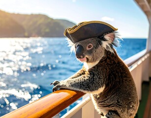 A koala bear pirate on a cruise ship, gazing at the ocean view