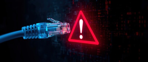 Warning sign with exclamation mark near ethernet cable connector