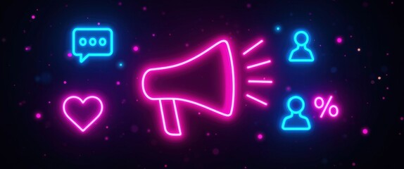 Vibrant neon social media icons with megaphone on dark background