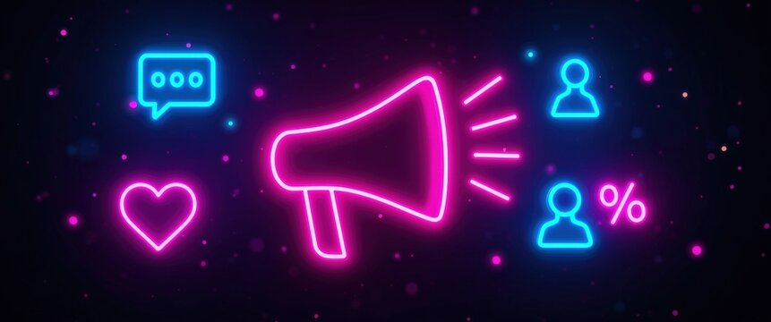 Vibrant neon social media icons with megaphone on dark background - Powered by Adobe