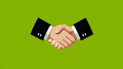 Two cartoon business partners engage in a handshake to seal a deal against a simple lime green background symbolizing agreement and collaboration.