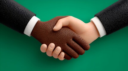 An illustration of a handshake between a dark skinned hand and a light skinned hand representing unity and cooperation on green background.