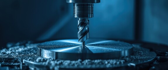 Industrial drill bit cutting through metal in manufacturing process