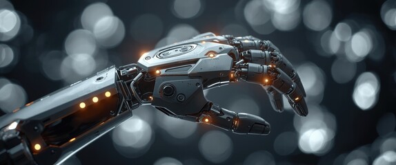 Robotic hand with glowing orange lights on metallic body against bokeh background