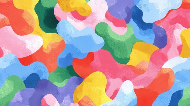 Colorful abstract shapes create a seamless pattern in pastel tones and vibrant designs for playful art use in various projects and backgrounds