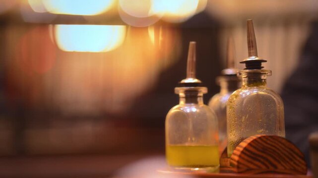 Cinematic Shot of Spicy Mint Water for Pani Puri in Glass Bottles &ndash; Refreshing Indian Street Food