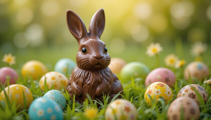 Easter background with chocolate bunny and Easter eggs. 