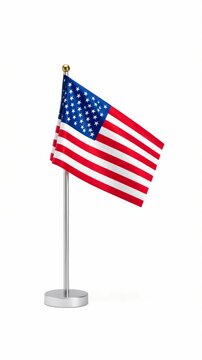 Studio shot of a small American flag on a silver pole, isolated against clean white backdrop for patriotic or political themes.