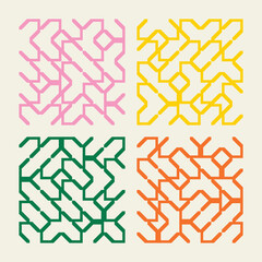 Collection of colorful geometric simple seamless patterns - bright symmetric textures. Vector repeatable minimalistic backgrounds. 
