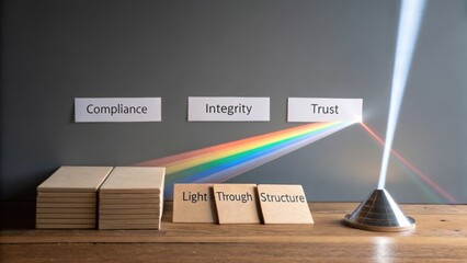 Concepts of Compliance, Integrity, and Trust Illustrated with Light Through a Prism and Wooden Blocks on a Table