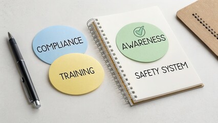 Compliance Training Awareness Safety System Note Pad and Colorful Sticky Notes on Table for Workplace Learning
